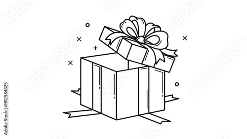 Simple line drawing of an open gift box with a bow and floating decorative elements signifies a festive surprise or unboxing event.
