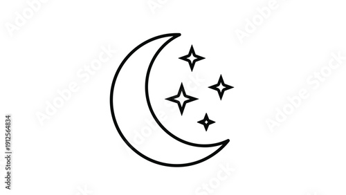 Minimalist line drawing of a crescent moon accompanied by four sparkling stars is ideal for night time or sleep related design projects.