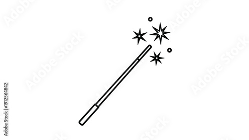 Simple line drawing of a magic wand with three twinkling stars representing a magic spell or enchanting moment for fantasy themes.