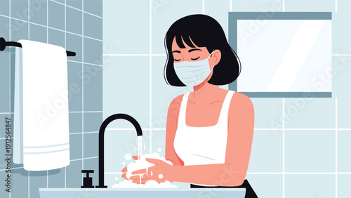 Woman wearing a medical face mask washes her hands at a bathroom sink to practice good hygiene and prevent the spread of germs.