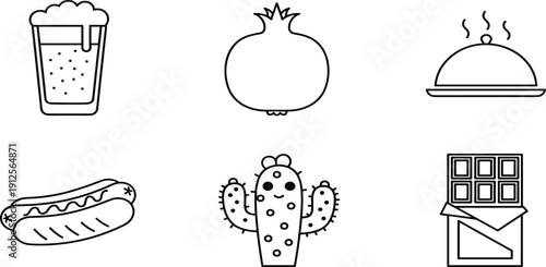 Food and Drink Icon Set Featuring Glass of Beer Pomegranate Fruit Hot Food Platter Hotdog Cactus Plant and Chocolate BarFood and Drink Icon Set Featuring Glass of Beer 