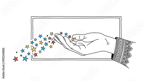 Detailed line drawing of a hand with decorative sleeve releasing a trail of colorful stars into a rectangular frame on white background.