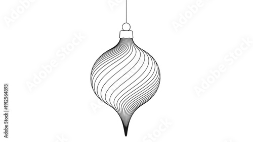 Intricate line drawing of a spiraled Christmas ornament hanging from a string showcases elegant curves and minimalist design.