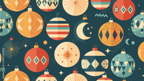 Seamless pattern features various colorful Christmas baubles with geometric designs and celestial motifs on a dark teal background.