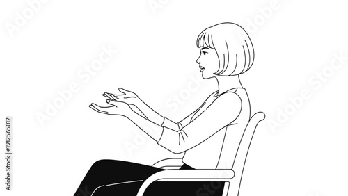 Simple line drawing of a woman with short hair sitting in a wheelchair with her hands open in a communicative gesture.