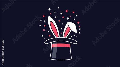 Classic magic top hat with white rabbit ears popping out amidst a shower of sparkling red and white stars on a dark background.