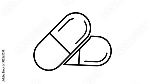 Simple line art illustration of two pharmaceutical capsules represents medicine, health care, and medical treatment options.