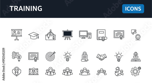 Training and education icons set in a linear style