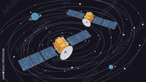 Detailed pixel art illustration shows satellites orbiting a planet in deep space amidst a vast field of stars and planets.