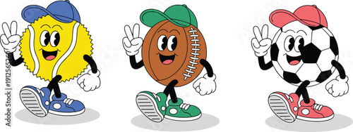 Cute sports ball cartoon characters set featuring tennis, rugby, and soccer mascots with caps and sneakers, playful athletic illustration for kids and sports design