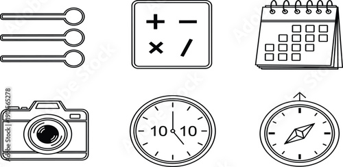 Utility Icon Set Featuring Adjustment Sliders Calculator Symbols Desk Calendar Photo Camera Analog Clock Face And Navigation Compass For InterfaceUtility Icon Set 