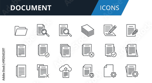 Collection of document and file icons in a linear style