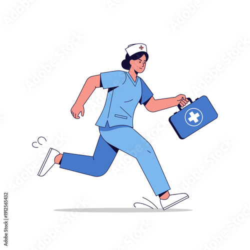 Urgent Medical Response: Nurse Running Fast with First Aid Kit. Healthcare Professional Rushing to Emergency.
