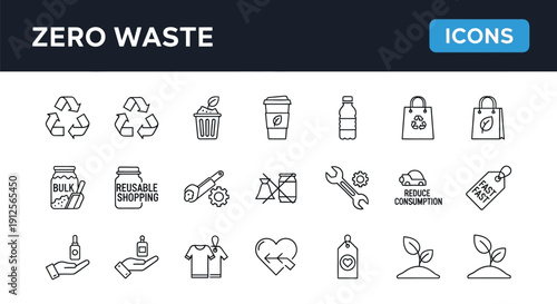 Zero waste lifestyle icons recycling reusable items and sustainable living