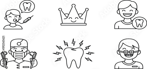 Dental Care Icon Set Featuring Dentist With Tools Toothache Crown Braces Patient Receiving Local Anesthesia And Happy Child With Healthy ToothDental Care Icon Set 
