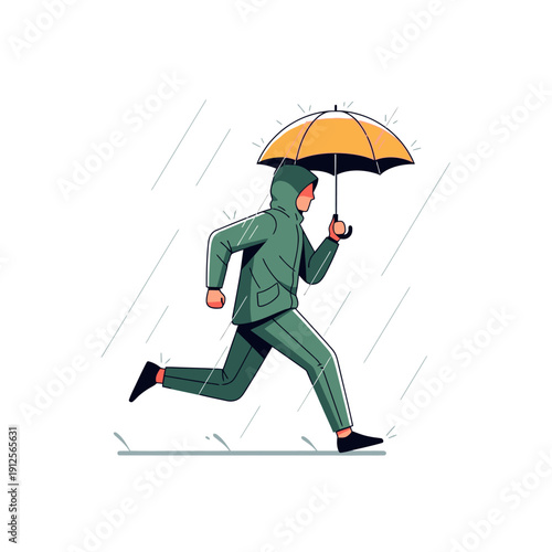 Person in Raincoat Running Under Yellow Umbrella in Heavy Rain. Flat Design Weather Illustration.