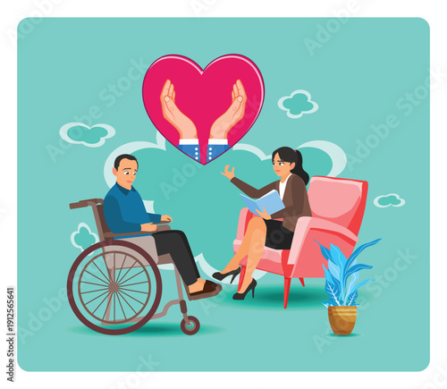 A caregiver gives an explanation to a disabled man.