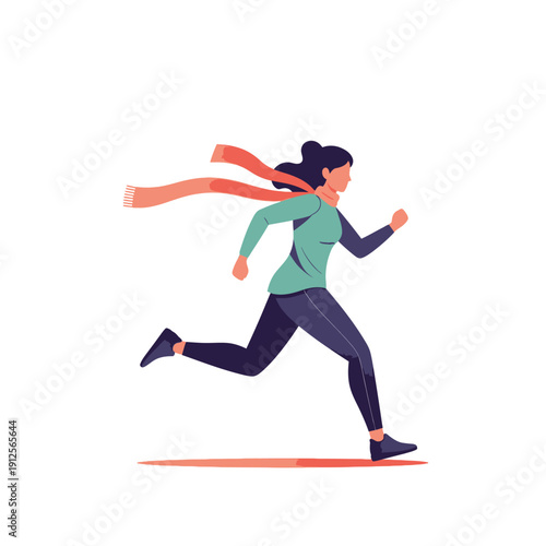 Dynamic vector illustration of a determined woman running fast, wearing a flowing scarf. Concept of speed, outdoor fitness, and urgency.
