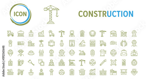 Construction icon set featuring cranes buildings and equipment illustrations