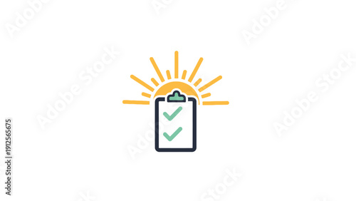 Clipboard with Checklist and Sun Symbol.