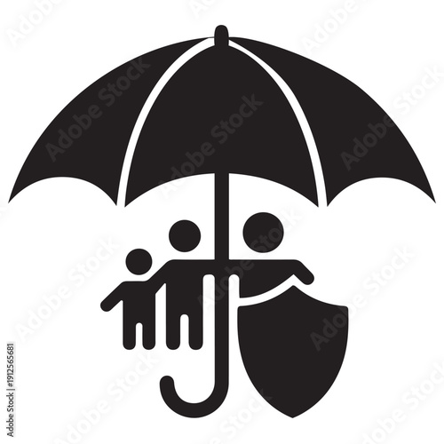 Black silhouette of a family under a protective umbrella and shield, representing comprehensive insurance and safety.