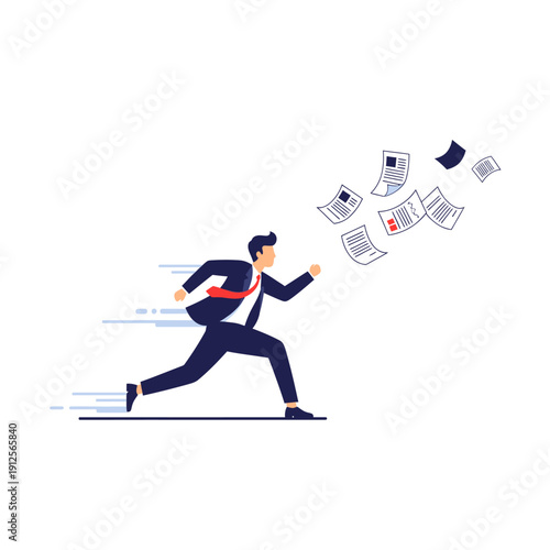 Stressed Businessman Running Fast While Losing Documents. Urgency, Deadline Pressure, and Business Crisis Concept Illustration.