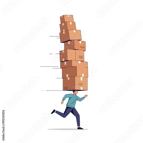 Delivery Man Running Fast with Overloaded Stack of Boxes on Head. E-commerce Shipping, Urgent Logistics, and Workload Pressure Illustration.