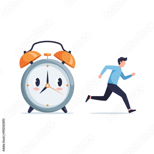 Deadline Rush: Businessman Running Away from a Giant Cute Alarm Clock Symbolizing Urgency and Time Management Issues.