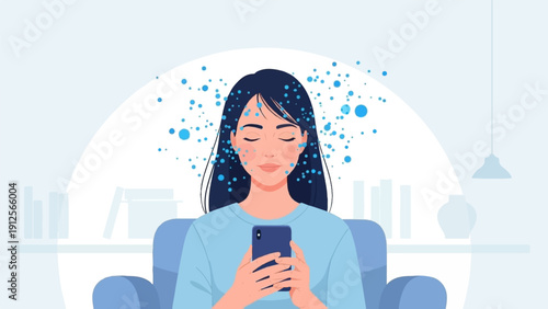 Young woman engrossed in her smartphone, surrounded by floating blue digital particles