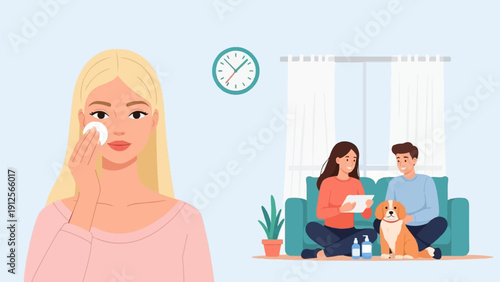Young woman cleans face; couple & dog relax on sofa, tablet
