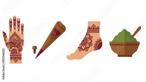 Henna Mehndi Hand Art and Paste Icon Set,Traditional Body Art Pattern Tattoo Collection Illustration