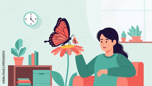 Young woman in armchair observing a butterfly on a flower indoors