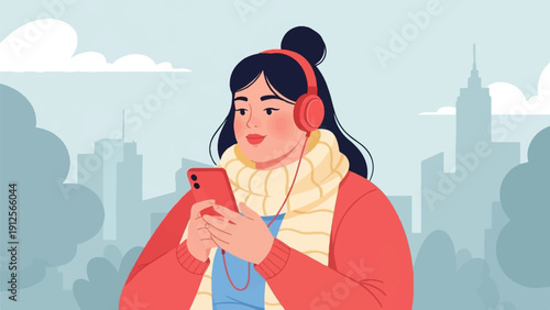 Young woman wearing headphones and scarf, looking at phone, city skyline
