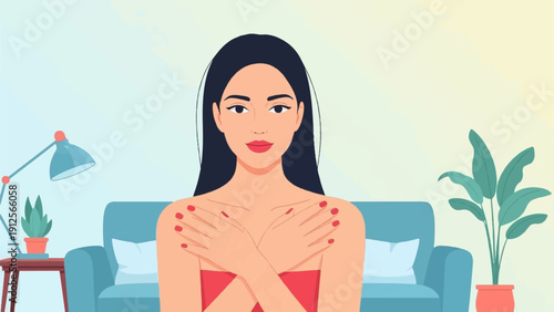 Young woman with dark hair and red outfit hugs herself, indoors