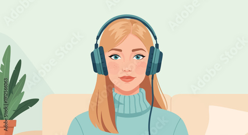 Young woman with blonde hair and headphones enjoying music indoors