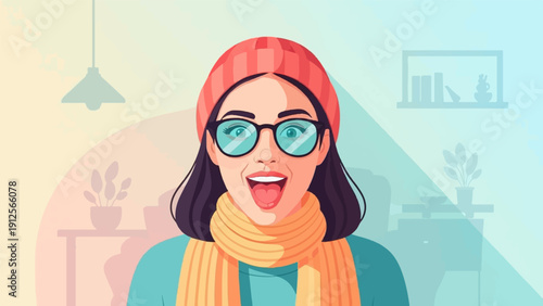 Young woman with glasses and a beanie smiles widely in a cozy room
