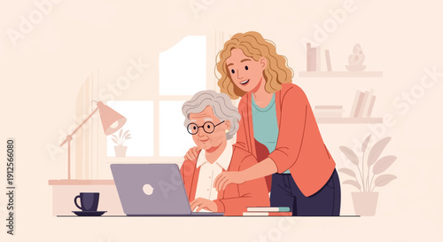 Younger person helps elder with laptop, cozy room