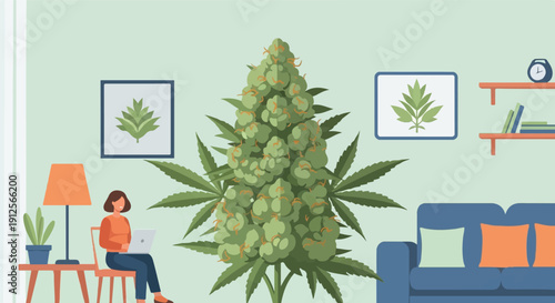 Woman works on laptop in living room with large plant and art