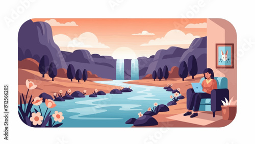 Woman works on laptop while relaxing by a scenic waterfall landscape