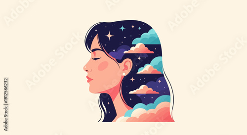 Woman's profile with starry, cloudy sky filling her hair