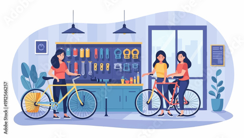 Women in bicycle shop, one with yellow bike, other with red bike