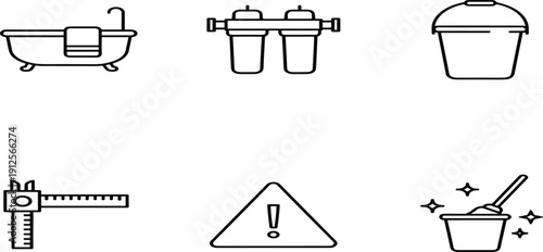 Bathroom and sanitation icon set featuring luxury bathtub, water filter system, cleaning bucket, measuring caliper, warning sign, and sparkling mop, for hygiene.Bathroom and 