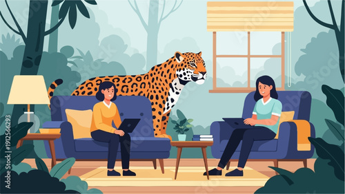 Women working on laptops in a jungle-themed living room with a jaguar