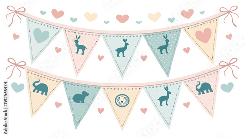 Pastel colored bunting flags with cute animal designs for baby shower or kids party decoration