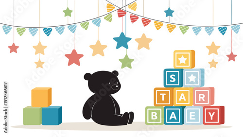 Cute teddy bear playing with colorful blocks and star decorations