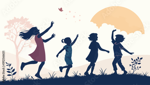 Happy children playing outside in sunny landscape with butterfly