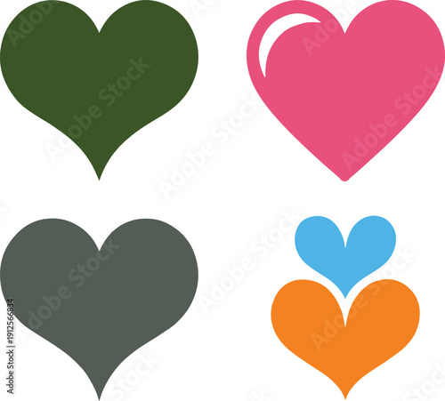 Illustration of four stylized heart shapes in different colors on a white background