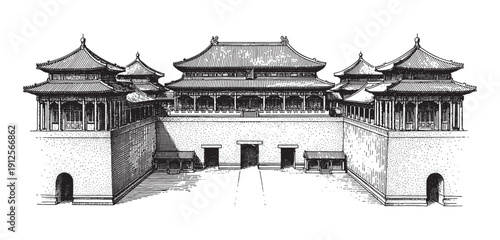Vintage woodcut engraving illustration of a traditional Chinese palace gate.