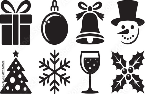 Illustration of set of eight black christmas and holiday icons
