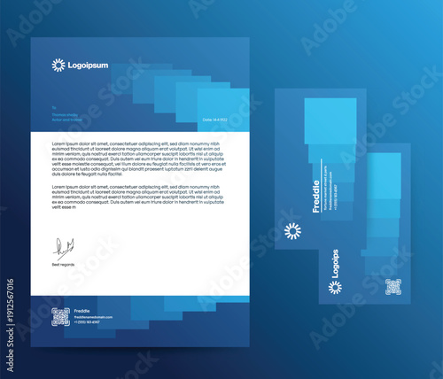 Corporate Identity Kit: A professional corporate identity kit, with letterhead and business cards, showcases a clean, modern design for brand consistency.